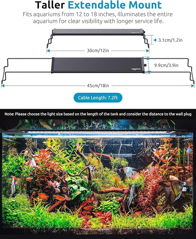 LED Aquarium Light, 24/7 Custom Timer, Power-Off Memory,7-Row LED 12-18in SEAOURA Full Spectrum Fish Tank Light, 8 Colors, 20 Brightness, Day&Night Cycle, Adjustable Mount for Freshwater Plant Growth SEAOURA