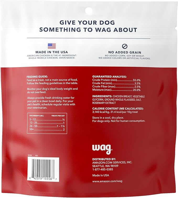 Amazon Brand – Wag Chewy Whole Muscle American Jerky Dog Treats – Chicken & Flaxseed (1 lb), Grain Free - PAWPICO