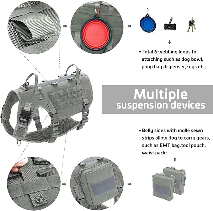 Forestpaw Tactical Dog Harness for Large Dogs,Tactical Dog Collar with Bungee Leash Set,No Pull Military Dog Harness for Dog Walking Training,Adjustable for Medium Large Dogs,Gray M Forestpaw