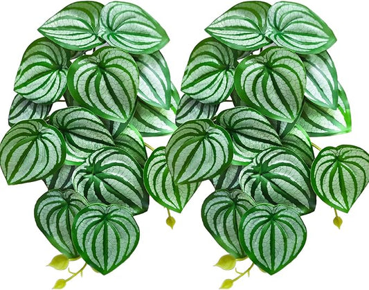 Woyrise 2 Pack Reptile Plants, Terrarium Hanging Plant Vines, Artificial Leaves with Suction Cup, Bearded Dragon Tank Accessories for Gecko Lizard Snake Frog Tortoise Decorations - Calathea Orbifolia Woyrise