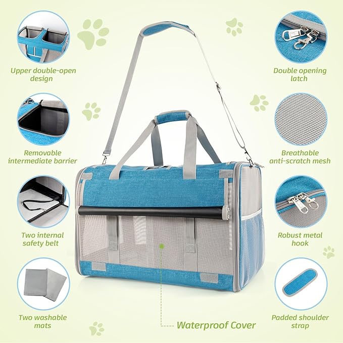Sedioso Large Cat Carrier for 2 Cats, 21.7x 13.8x 13.8in Pet Carrier for Cat and Dog Up to 38lbs, All-Sided Mesh Cat Carrier with Great Ventilation, Portable Soft Sided Pet Carrier for Traveling(Blue) - PAWPICO