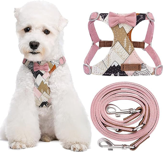 Puppytie No Pull Dog Harness with Multifunction Dog Leash,Soft Adjustable No Choke Escape Proof Pet Harness Vest for Medium Dogs,Suede Bow Pink,M Puppytie