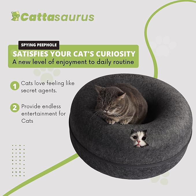 CATTASAURUS Peekaboo Cat Cave for Multiple & Large Cats Up to 30-45 Lbs, Scratch Detachable & Washable Tunnel Bed, Comfy Donut Cat Cave (Dark Gray, Large) - PAWPICO