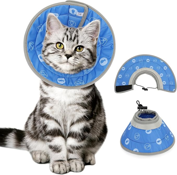Cat Cone Collar Soft, Cat Cones to Stop Licking, Adjustable Cat Cone Water Resistant, Foldable, Adjustable, Lightweight (Blue Fish, Medium) IDOGCHEW