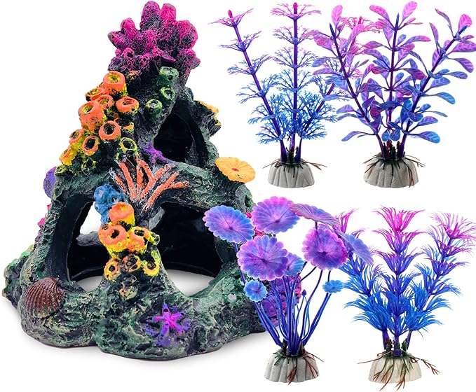 GSD Aquarium Colorful Coral Reef Set Fish Tank Decoration Mountain Ornament for Aquarium Environments Decor Accessories, Coral Mountain x 1, Aquatic Plant x 4 GSD