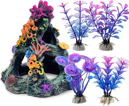 GSD Aquarium Colorful Coral Reef Set Fish Tank Decoration Mountain Ornament for Aquarium Environments Decor Accessories, Coral Mountain x 1, Aquatic Plant x 4 GSD