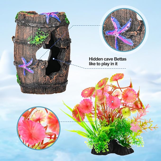 CousDUoBe Fish Broken Barrel Decor Fish Tank Decorations Betta Fish Tank Accessories,Starfish Barrel x 1pc, Fish Tank Plants x 8pcs CousDUoBeAquariumfishtankdecoration