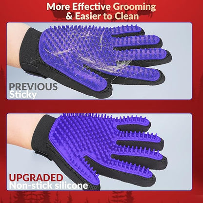 Upgrade Version Pet Grooming Glove - Gentle Deshedding Brush Glove - Efficient Pet Hair Remover Mitt - Enhanced Five Finger Design - Perfect for Dog & Cat with Long & Short Fur - 1 Pair (Purple) - PAWPICO