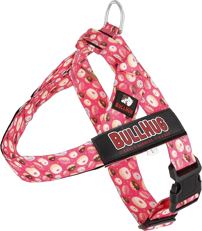 BULLHUG Harness – Made for Larger Chested Dogs Like English Bulldogs, French Bulldogs, Pugs & More. Stops Dogs from Pulling & Choking on Walks (Donuts, Large) BULLHUG