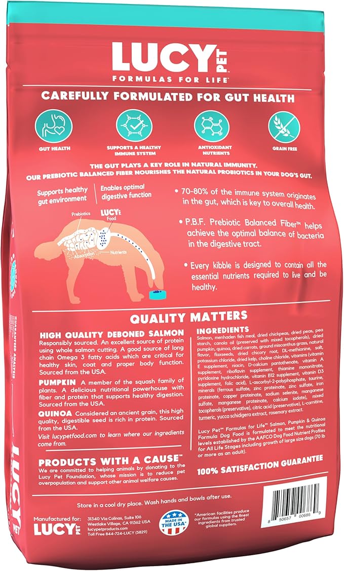 Lucy Pet Formulas for Life Salmon, Pumpkin, & Quinoa Dry Dog Food, All Life Stages, Digestive Health, Sensitive Stomach & Skin, 12lb bag - PAWPICO