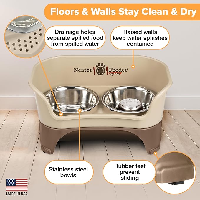 Neater Feeder - Express Model w/Slow Feed Bowl - Mess-Proof Dog Bowls (M/L, Cappuccino) Made in USA –Elevated, No Spill, Non-Tip, Non-Slip, Raised Stainless Steel Food/Water Pet Bowls Aid Digestion - PAWPICO