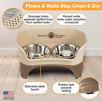 Neater Feeder - Express Model w/Slow Feed Bowl - Mess-Proof Dog Bowls (M/L, Cappuccino) Made in USA –Elevated, No Spill, Non-Tip, Non-Slip, Raised Stainless Steel Food/Water Pet Bowls Aid Digestion - PAWPICO