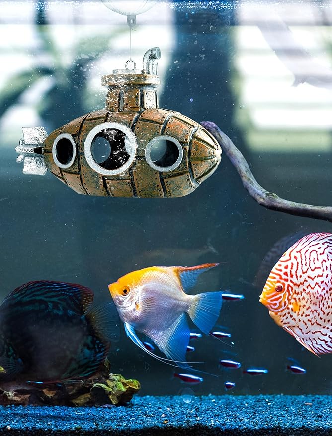 Floating Fish Tank Decoration, Little Cute Retro Submarine Aquarium Decoration with Two Float Balls, Resinous Fish Tank Accessorie, Safe Fish Toy for Betta Cichlid Goldfish Shrimps Hermit Crabs SARDVISA