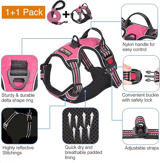 tobeDRI No Pull Dog Harness Adjustable Reflective Oxford Easy Control Medium Large Dog Harness with A Free Heavy Duty 5ft Dog Leash (XL (Neck: 21.5"-33", Chest: 30"-39.5"), Pink Harness+Leash) - PAWPICO