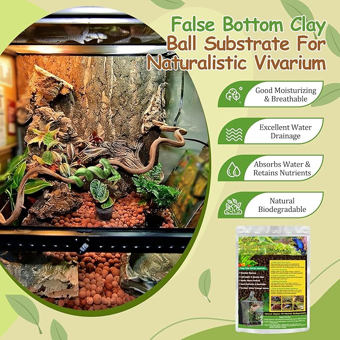 Riare 2LBS Expanded Clay Balls Terrarium Substrate for Reptiles - 100% Organic Lightweight Clay Pebbles Substrate Frogs False Bottom Substrate, Bioactive Terrarium Substrate for Drainage and Moisture Riare