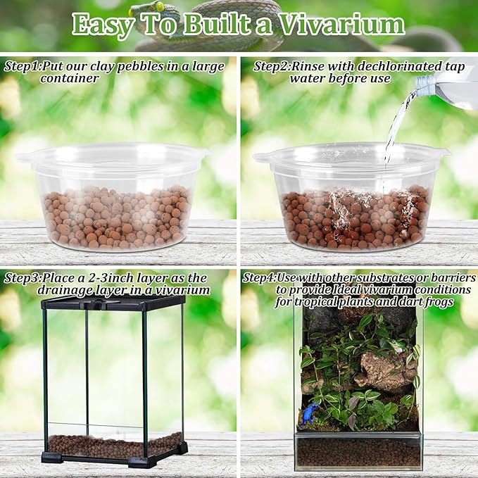Riare 2LBS Expanded Clay Balls Terrarium Substrate for Reptiles - 100% Organic Lightweight Clay Pebbles Substrate Frogs False Bottom Substrate, Bioactive Terrarium Substrate for Drainage and Moisture Riare