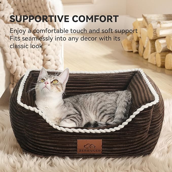 Cat Dog Bed for Pets, Rectangle Pet Bed Gift for Puppy and Kitten, Machine Washable Calming Fluffy Pet Couch Sofa for Indoor Outdoor, Portable Soft Cat Bed with Non-Slip Bottom (Small, Brown) - PAWPICO