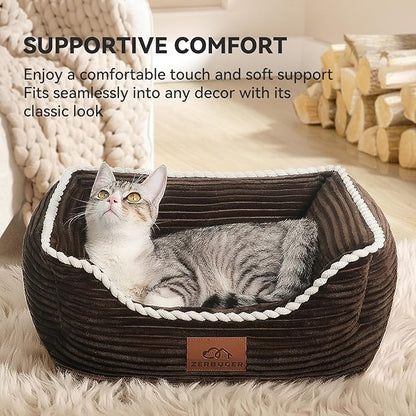 Cat Dog Bed for Pets, Rectangle Pet Bed Gift for Puppy and Kitten, Machine Washable Calming Fluffy Pet Couch Sofa for Indoor Outdoor, Portable Soft Cat Bed with Non-Slip Bottom (Small, Brown) - PAWPICO