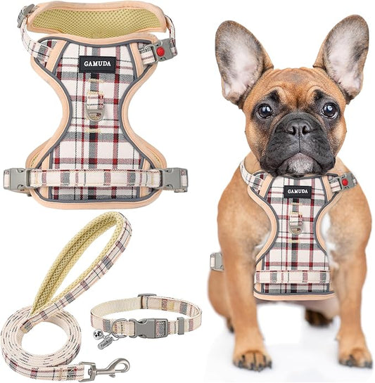 GAMUDA Dog Harness Collar and Leash Set, Dog Harness, No Chock No Pull Adjustable Vest Harnesses Plaid Reflective for Medium Dog, Cat, Small Horse, Small Bull and Pig (Beige, S) GAMUDACollarsCollection