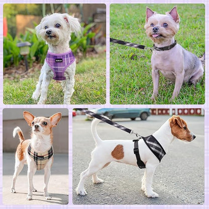 SCENEREAL No Pull Dog Harness Collar and Leash Set Small Medium Sized Dog, Soft Mesh Step in Puppy Harnesses, No Chock Plaid Adjustible Pet Vest for Outdoor Walking Training and Running, Purple M SCENEREAL