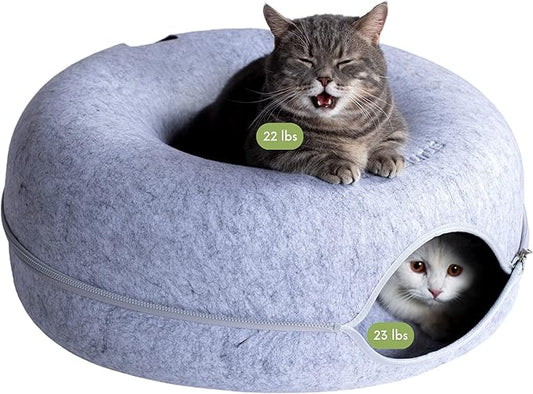 CATTASAURUS Peekaboo Cat Cave for Multiple & Large Cats Up to 30-45 Lbs, Scratch Detachable & Washable Tunnel Bed, Comfy Donut Cat Cave (Light Gray, Large) - PAWPICO