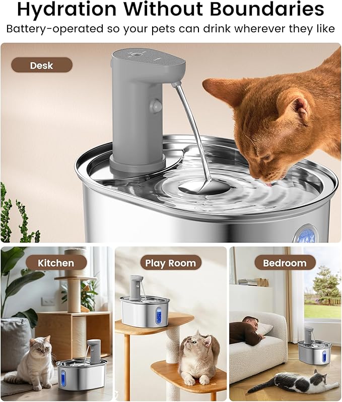 Wireless Cat Water Fountain Stainless Steel, 108oz/3.5L Cat Fountain Battery Operated, Cordless Pet Water Fountain for Cats Dogs with Motion Sensor, Ultra Quiet Pump, (4Filters + 4Sponge) - PAWPICO