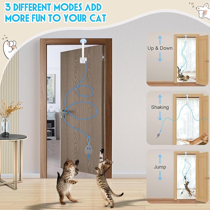 Cat Toy Interactive for Indoor Cats, Smart USB Rechargeable Door Hanging Automatic Retractable Kitten Toys, Teaser Electronic Self Play Feather Cat String Toy Attached with 3 Catnip Mice White - PAWPICO