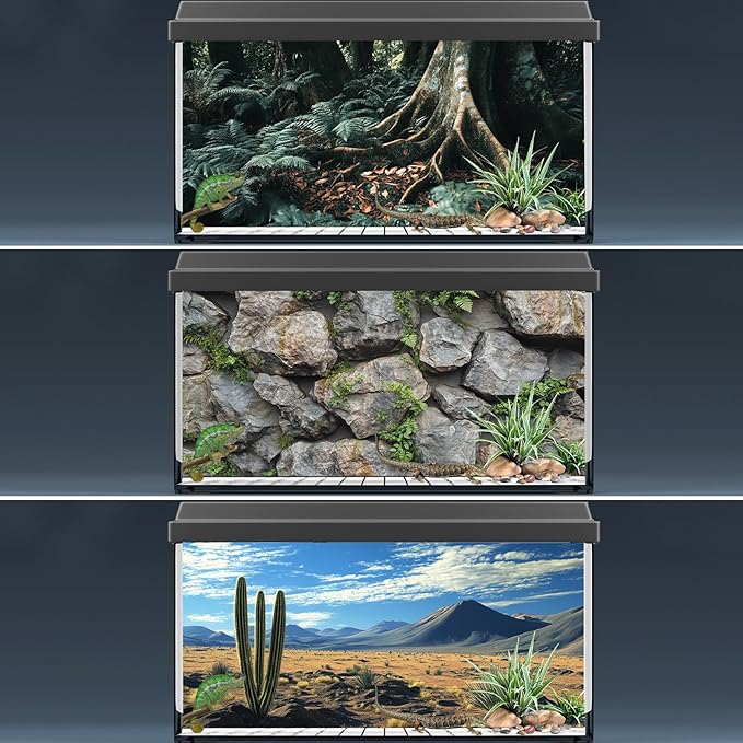 3 Pack Terrarium Background, 36x18 inches Polyester Reptile Background, Cloth Terrarium Background, Tropical Green Tree Fern & Gobi Desert Sunshine Cactus Rock Terrarium Background COMSUN