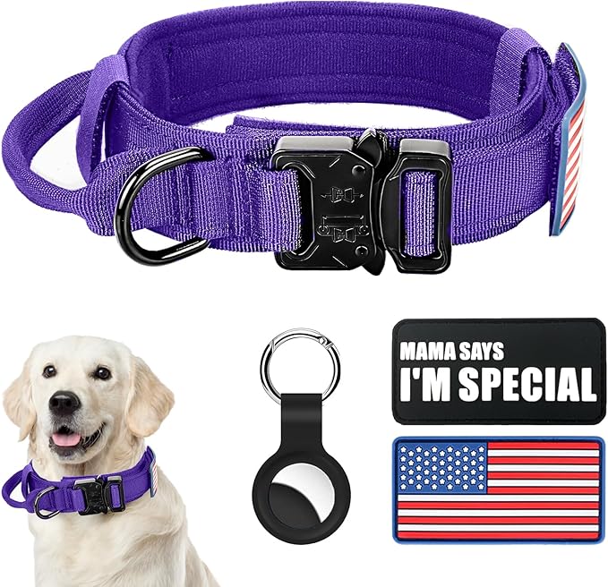 Tactical Dog Collar Military Dog Collar Adjustable Nylon Dog Collar Heavy Duty Metal Buckle with Handle for Dog Training,with Patches(Purple, M) Celifelight