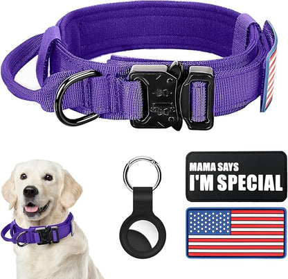 Tactical Dog Collar Military Dog Collar Adjustable Nylon Dog Collar Heavy Duty Metal Buckle with Handle for Dog Training,with Patches(Purple, M) Celifelight