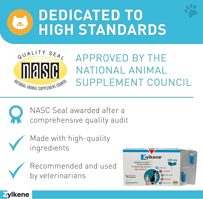 Vetoquinol Zylkene Behavior Support Capsules for Medium Dogs 33-65lbs, Calming All Natural Milk Protein Supplement, Helps Relieve Dog Anxiety During Fireworks and Thunder, 225mg Vetoquinol