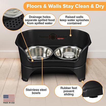 Neater Feeder - Express Model w/ Slow Feed Bowl - Mess-Proof Dog Bowls (M/L, Black) Made in USA – Elevated, No Spill, Non-Tip, Non-Slip, Raised Stainless Steel Food/Water Pet Bowls Aid Digestion - PAWPICO