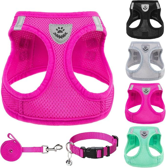 PUPTECK Adjustable Dog Harness Collar and Leash Set Step in No Pull Pet Harness for Small Medium Dogs Puppy and Cats Outdoor Walking Running, Soft Mesh Padded Reflective Vest Harnesses, Solid Pink XL PUPTECK