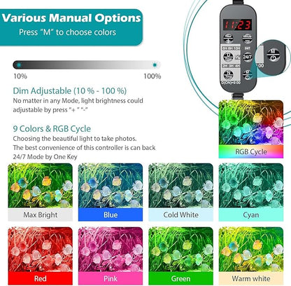 LED Aquarium Light, 24/7 Full Spectrum Dimmable Submersible Light 12-18 inch 12W for 10 Gallon Fish Tank, Day+Night Mode DIY Timer Auto On Off, High Brightness 8 Colors RGB Mode AHJ