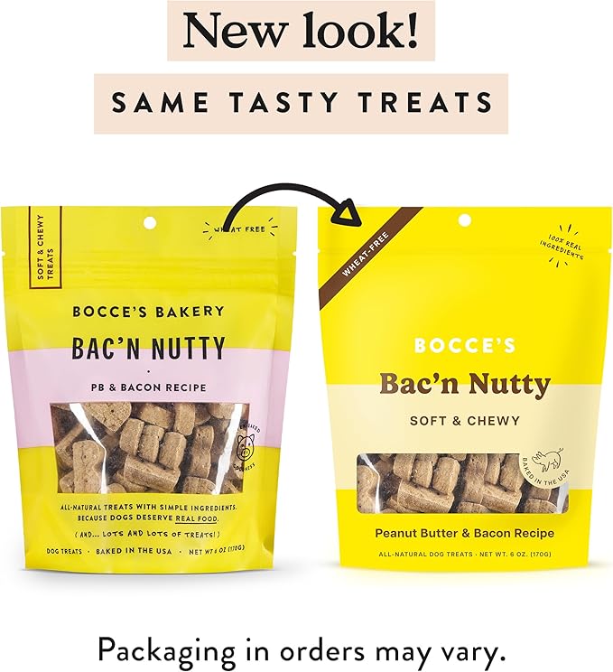 Bocce's Bakery Bac'n Nutty Soft & Chewy Dog Treats, Wheat-Free PB & Bacon Flavored All Natural Limited Ingredient Oven Baked Cookies for Dogs, 6 oz Bag - PAWPICO