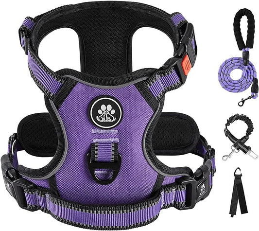 IVY&LANE No Pull Dog Harness for Large Dogs, Dog Vest Harness with Leash, Safety Belt and Storage Strap, Fully Adjustable Harness, 360° Reflective Strip, Soft Handle (Purple, XL) IVYLANE