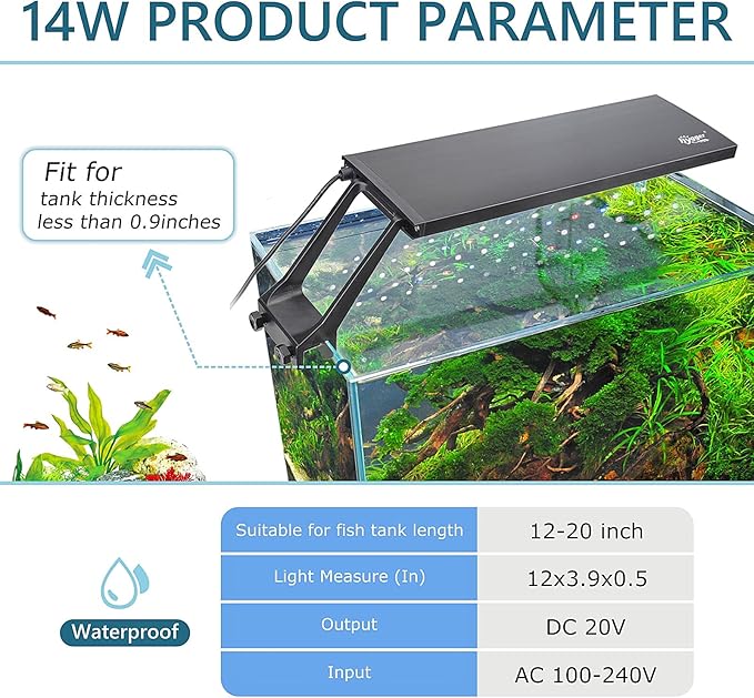 hygger Clip On 24/7 Lighting Aquarium LED Light, 14W Sunrise-Daylight-Moonlight and DIY Mode, Adjustable Timer / Brightness Fish Tank Light with 7 Colors for Planted Tank hygger