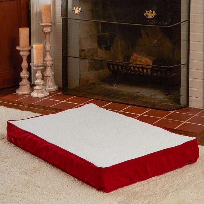 Happy Hounds Oscar Rectangle Orthopedic Foam Sherpa Dog Bed, Small (36 x 24 in.), Red - PAWPICO