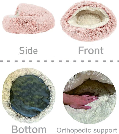 ShinHye Cat Bed Round Plush Fluffy Hooded Cat Bed Cave, Cozy for Indoor Cats or Small Dog beds, Soothing Pet Beds Doughnut Calm Anti-nxiety Dog Bed - Waterproof Bottom Washable, (23×23inch, Pink) - PAWPICO