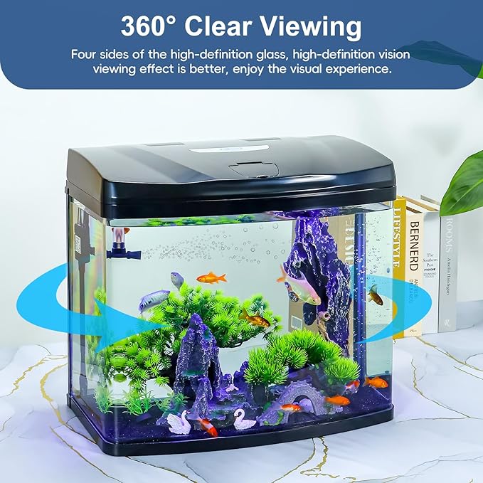 10 Gallon Glass Aquarium Starter Kit with Flip-Top Feeding Port for Betta Fish: Crystal Clear Viewing, Eco-Cycle Filtration, Air Pump, and LED Lighting Bluecoco