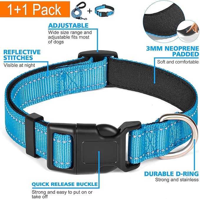 Reflective Dog Collar Padded with Soft Neoprene Breathable Adjustable Nylon Dog Collars for Small Medium Large Dogs (Large (Pack of 1), Vivid Blue Collar+Leash) ladoogo