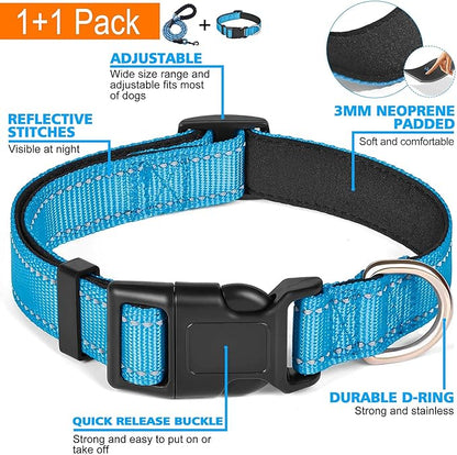 Reflective Dog Collar Padded with Soft Neoprene Breathable Adjustable Nylon Dog Collars for Small Medium Large Dogs (Large (Pack of 1), Vivid Blue Collar+Leash) ladoogo