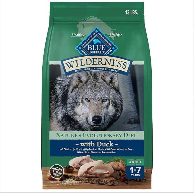 Blue Buffalo Wilderness Natural High-Protein Dry Food for Adult Dogs, with Wholesome Grains, Duck, 13-lb bag. - PAWPICO