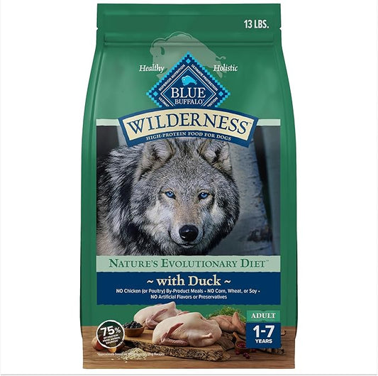 Blue Buffalo Wilderness Natural High-Protein Dry Food for Adult Dogs, with Wholesome Grains, Duck, 13-lb bag. - PAWPICO