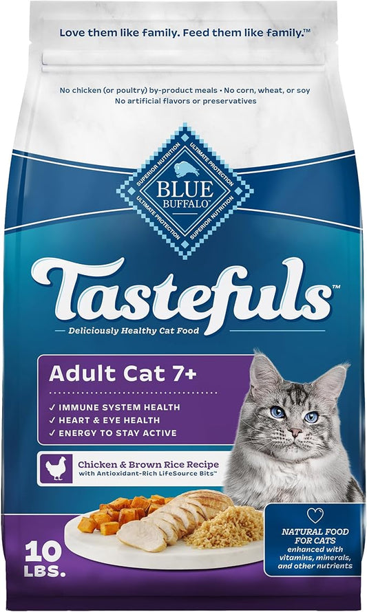 Blue Buffalo Tastefuls Adult 7+ Natural Dry Cat Food, Chicken & Brown Rice 10lb Bag - PAWPICO