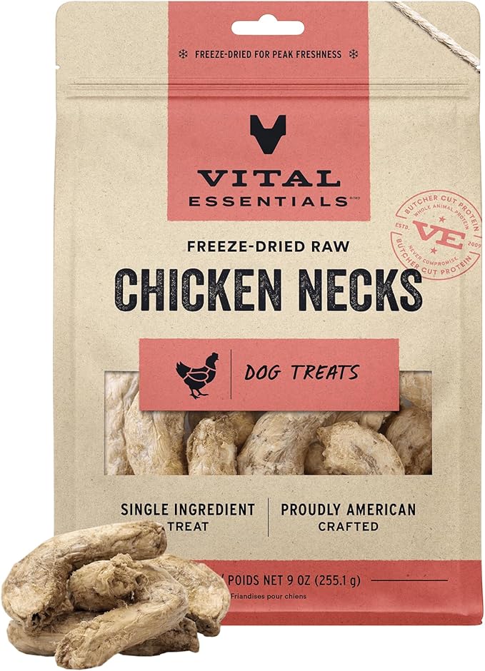 Vital Essentials Freeze Dried Raw Single Ingredient Dog Treats, Chicken Necks, 9 oz | Premium Quality High Protein Training Treats | Grain Free, Gluten Free, Filler Free - PAWPICO