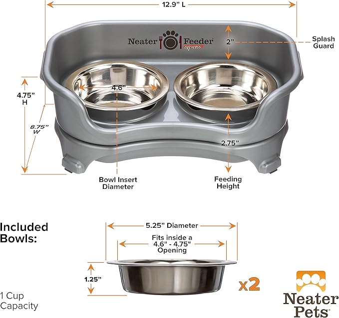 Neater Feeder Express CAT Mess Proof Feeder for Cats, 1 Cup Whisker-Friendly Stainless Steel Food & Water Bowls, No Spill, Non-Tip, Non-Slip. Made in USA - PAWPICO