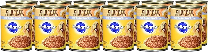 PEDIGREE CHOPPED GROUND DINNER Adult Canned Soft Wet Dog Food Combo with Chicken, Liver & Beef, 13.2 oz. Cans (Pack of 12) - PAWPICO