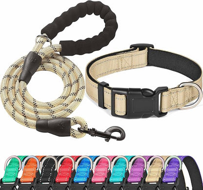 Reflective Dog Collar Padded with Soft Neoprene Breathable Adjustable Nylon Dog Collars for Small Medium Large Dogs (Small (Pack of 1), Vanilla Collar+Leash) ladoogo