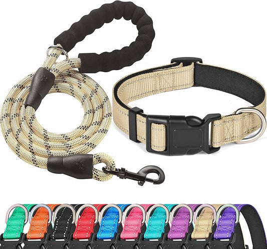 Reflective Dog Collar Padded with Soft Neoprene Breathable Adjustable Nylon Dog Collars for Small Medium Large Dogs (Large (Pack of 1), Vanilla Collar+Leash) ladoogo
